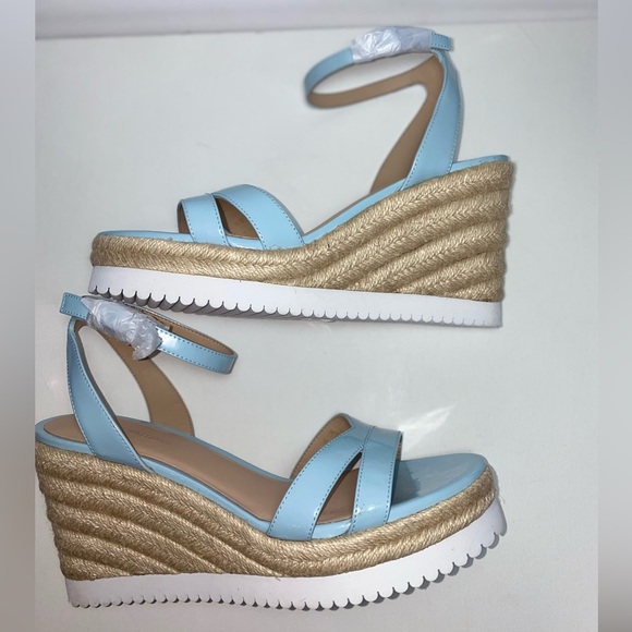 Stuart Weitzman NWOT Catalina Light Blue Espadrille Wedge Patent Leather Sandals - Picture 8 of 11